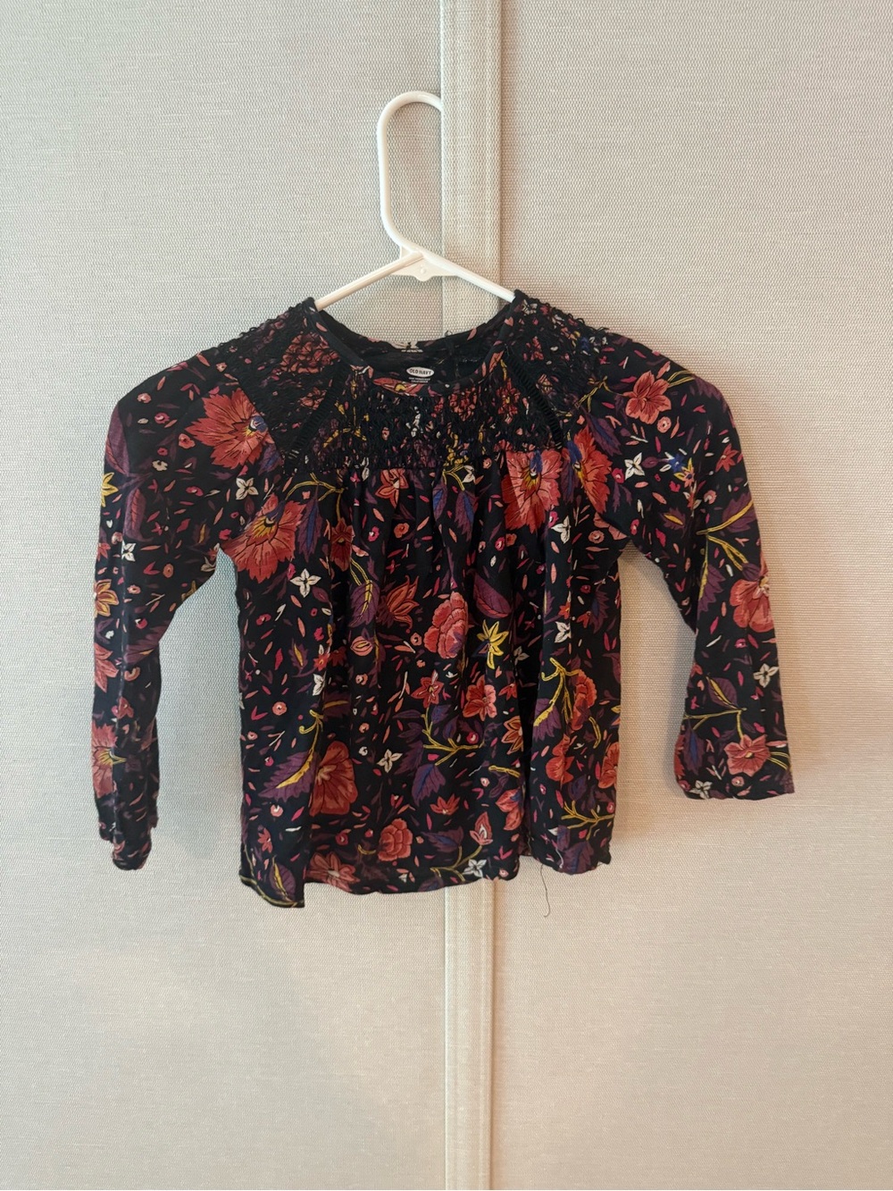 Old Navy Black Long Sleeve Floral Smocked Top with Pink and Purple Flowers